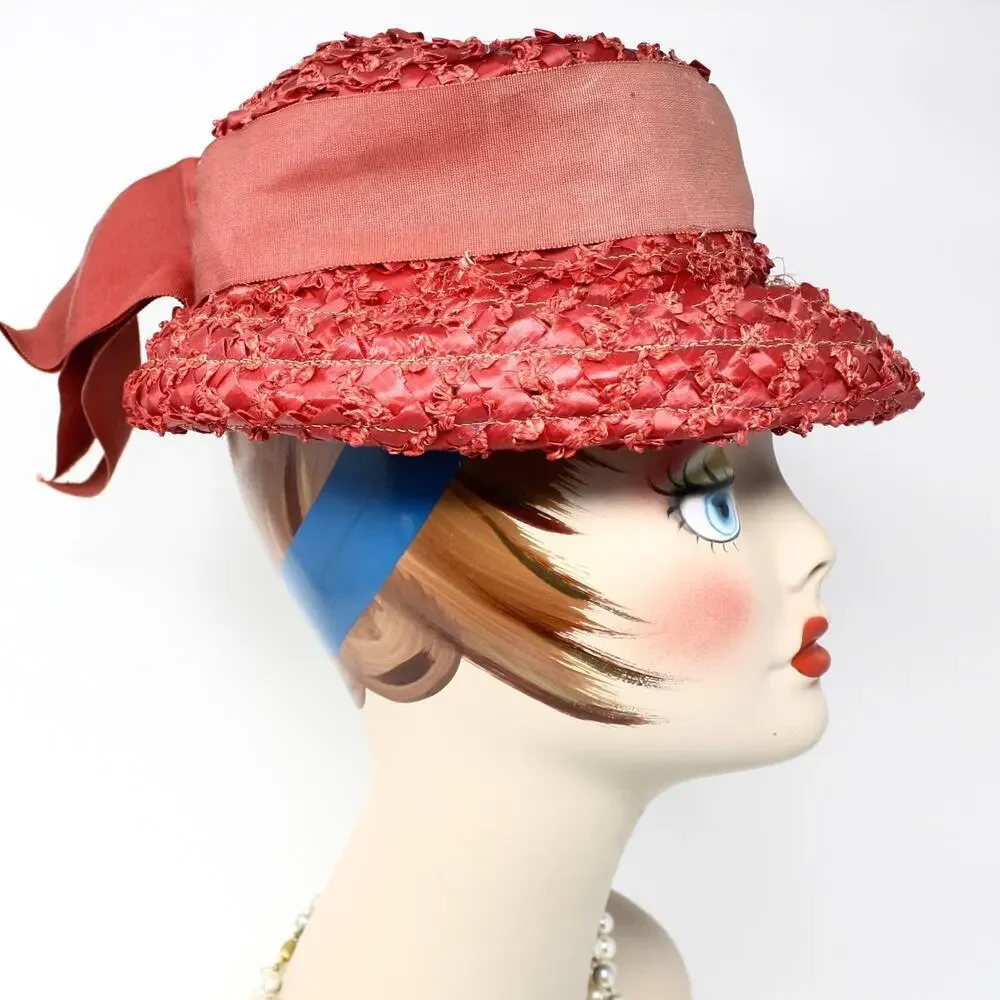 Vintage Mr Michael Red Straw Boater Hat w Wide Ribbon and Veil Trim – Hey Viv